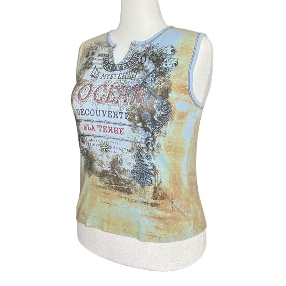 Vintage Y2K Blue Tan Rhinestone Graphic Tank 100% Cotton. Large. Western Artsy - Picture 2 of 11